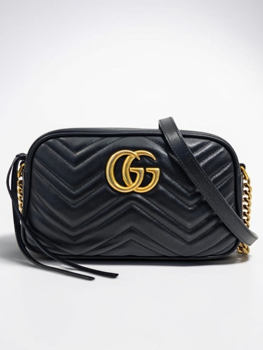 Gucci Black Quilted Leather GG Marmont Crossbody Camera Bag with Gold Hardware
